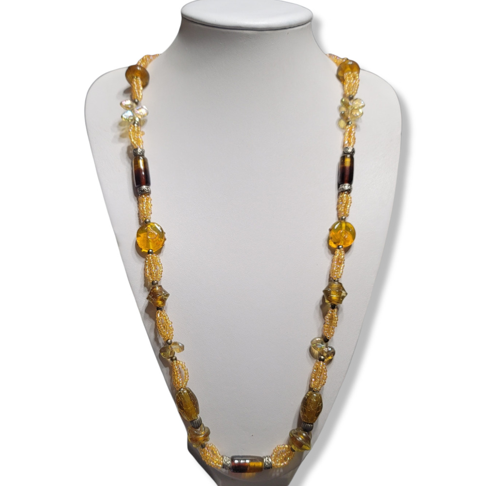 Vintage Blown Glass Beads, Brown, Amber, Gold, Multi-shapes strand 36"
